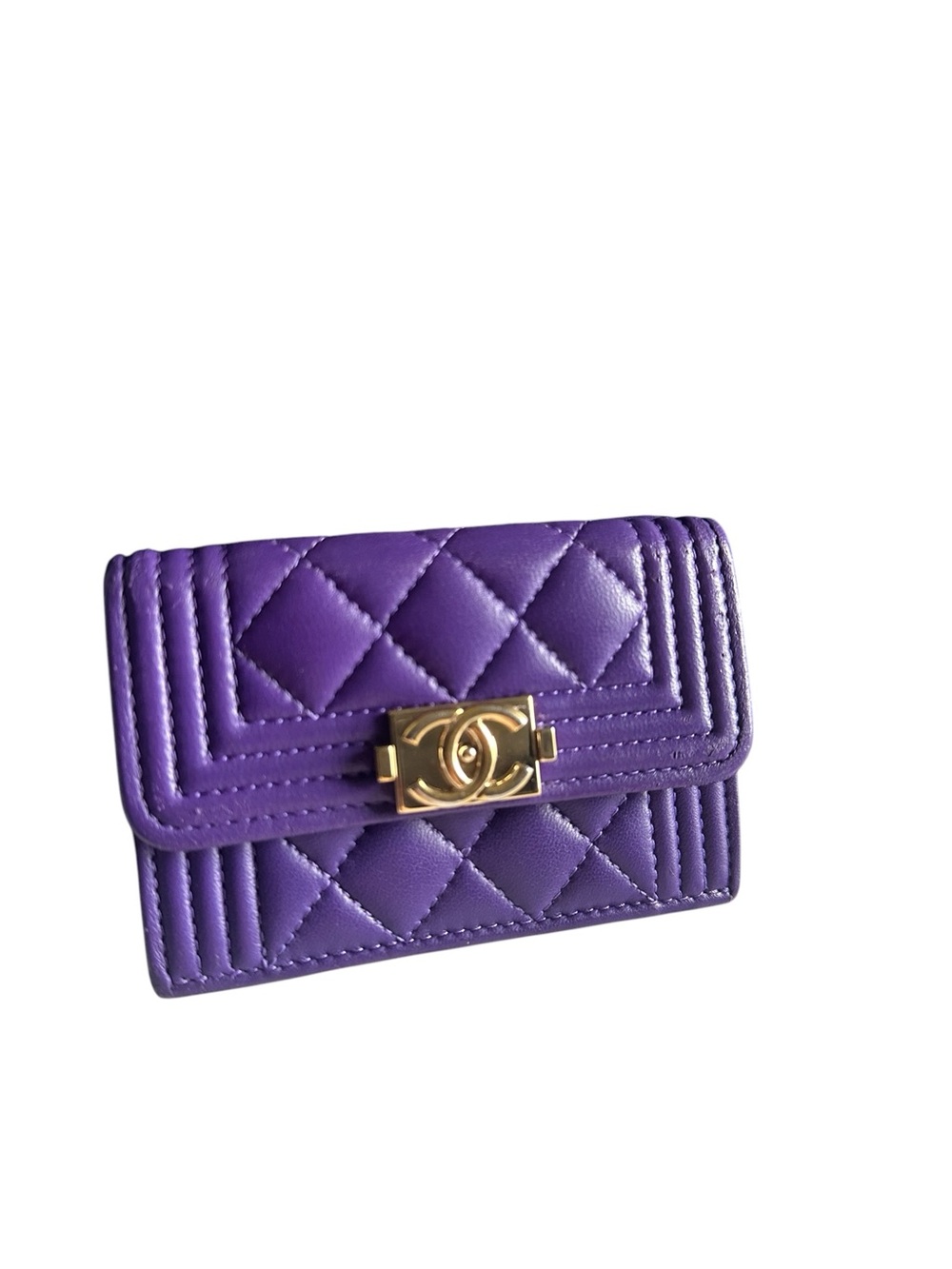 CHANEL Boy Purple Lambskin Quilted Flap Wallet Card Holder Full Set - Picture 13 of 16
